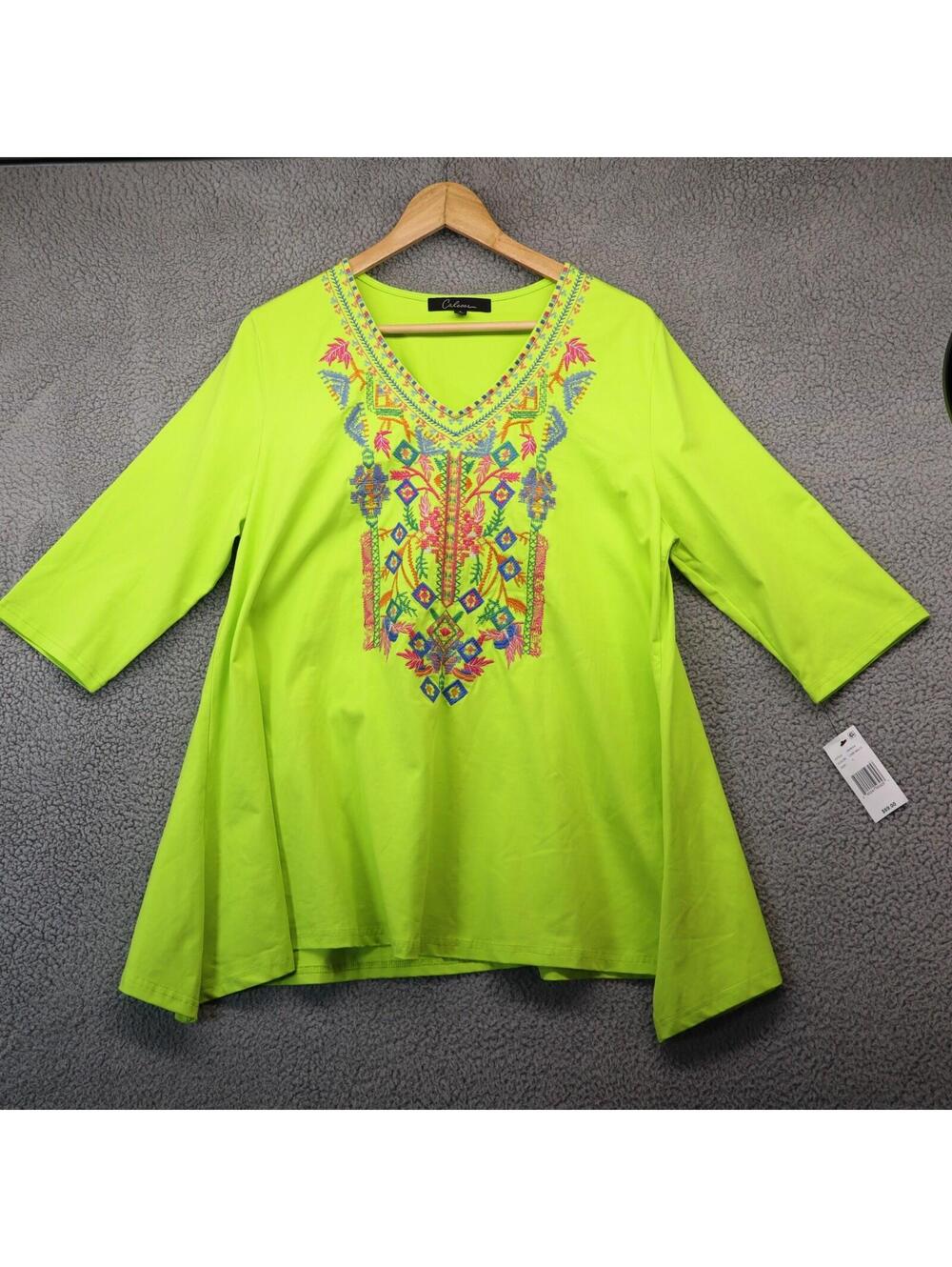 Calessa Nwt Green Embroidered V 3/4 Sleeve Tunic Top Large L